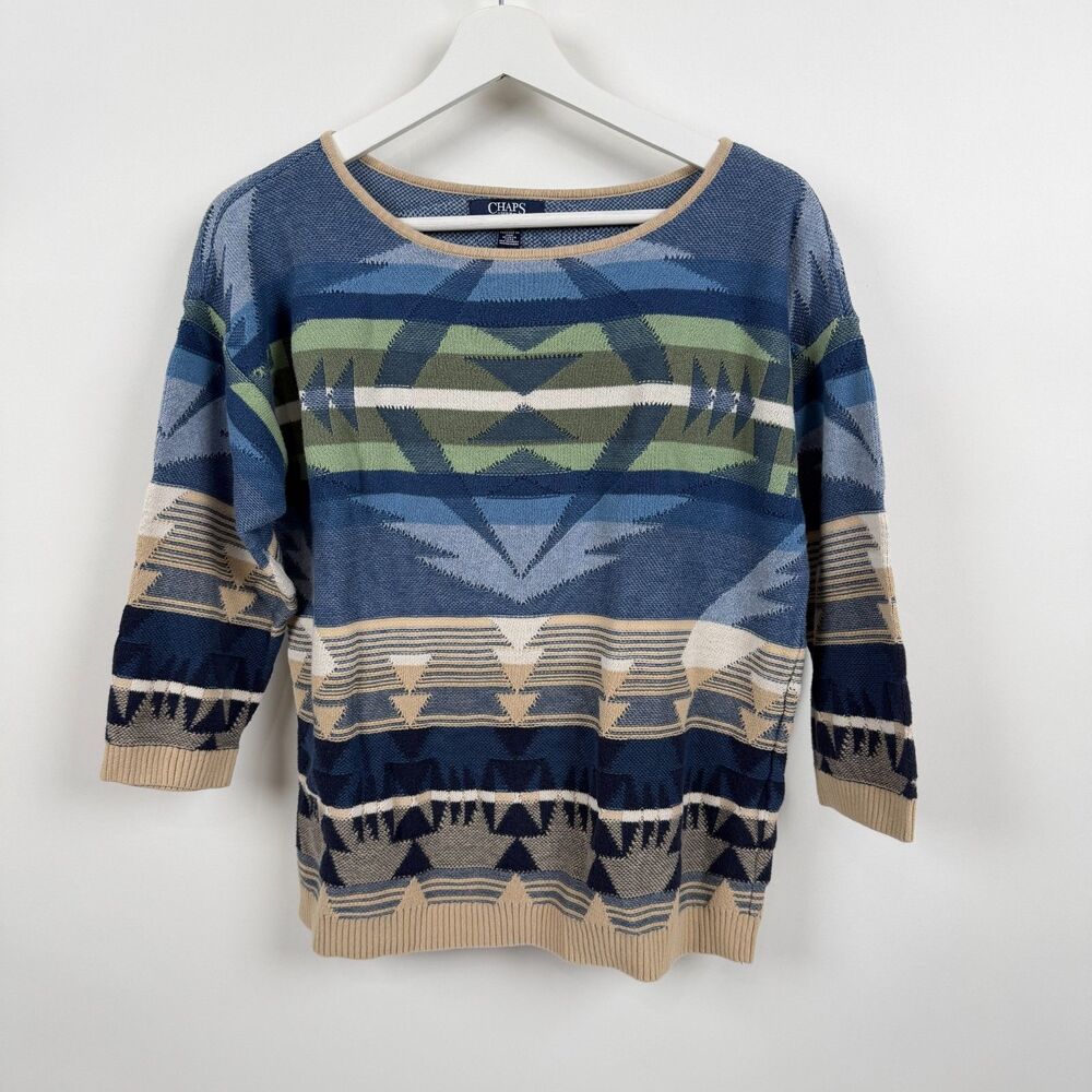 Chaps Sweater Women L Blue Multi Southwestern Aztec Tribal Western 3/4 Sleeve